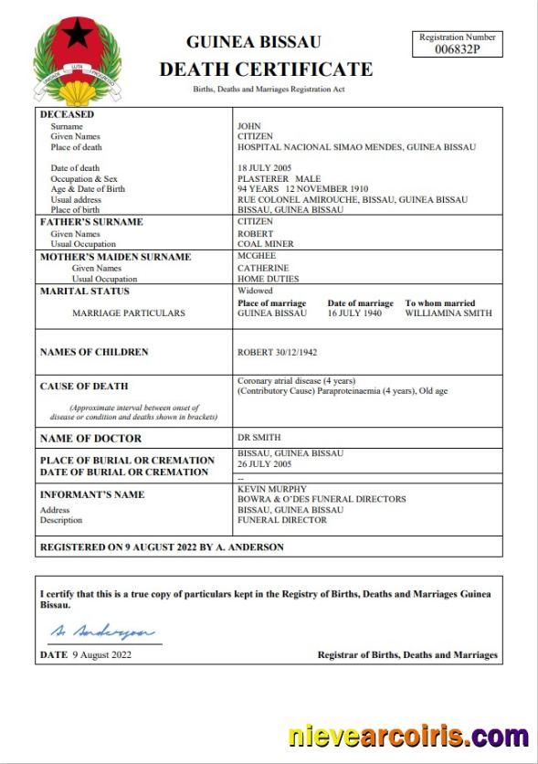 Guinea Bissau death certificate